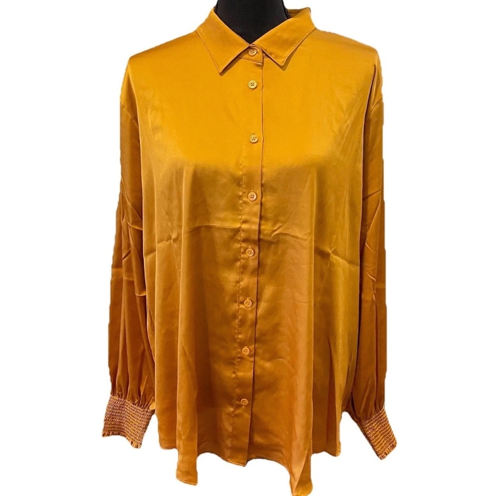 NWT Chico's Size 4 or US 20 Satin Smocked-Cuff Blouse SAFFRON GOLD Collared Top